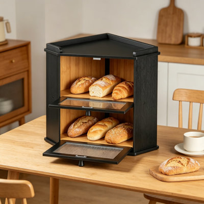 Bamboo Bread Box for Kitchen Countertop, 2-Tier Corner Food Storage Container with Shelf, Bread Bin with Flat Boxtop for Dining Room, Natural Finish