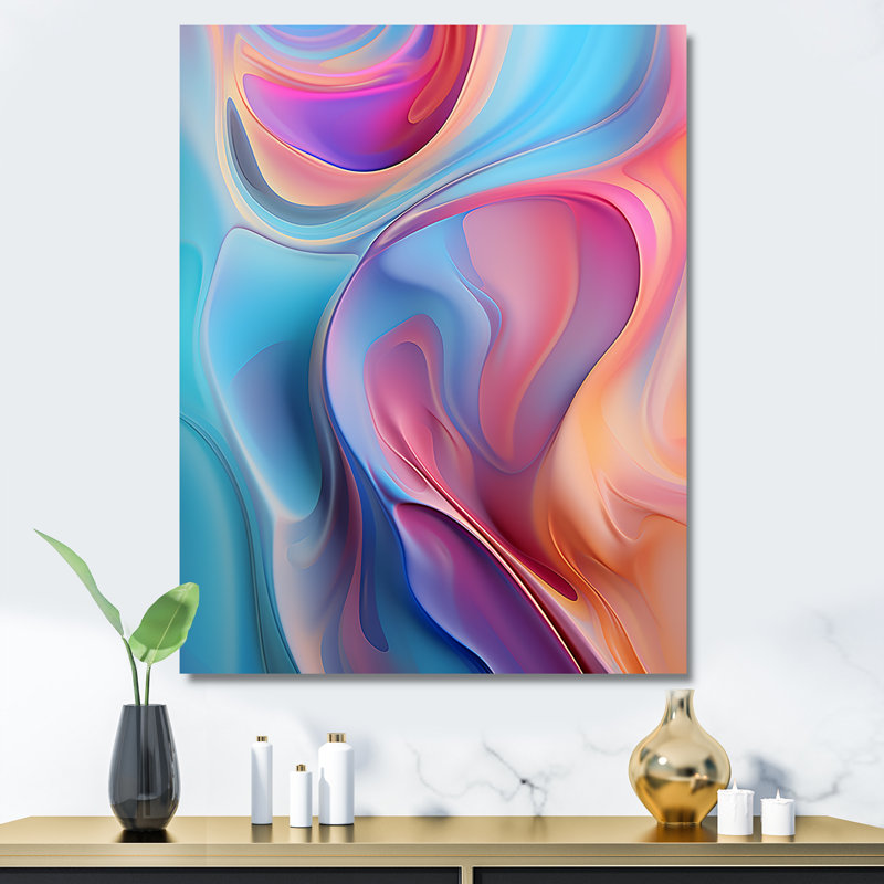 «Transitional Pink and Blue Shapes IV», art mural abstrait sur toile, Cadre doré simple, H 44 po x l 34 po x P 1,5 po