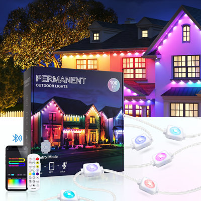 100 ft. Permanent Outdoor RGB LED Eave Lights, 60-Light Smart String Lights with App & Remote Control, IP67 Waterproof for Roof Eaves, Christmas & Party Décor