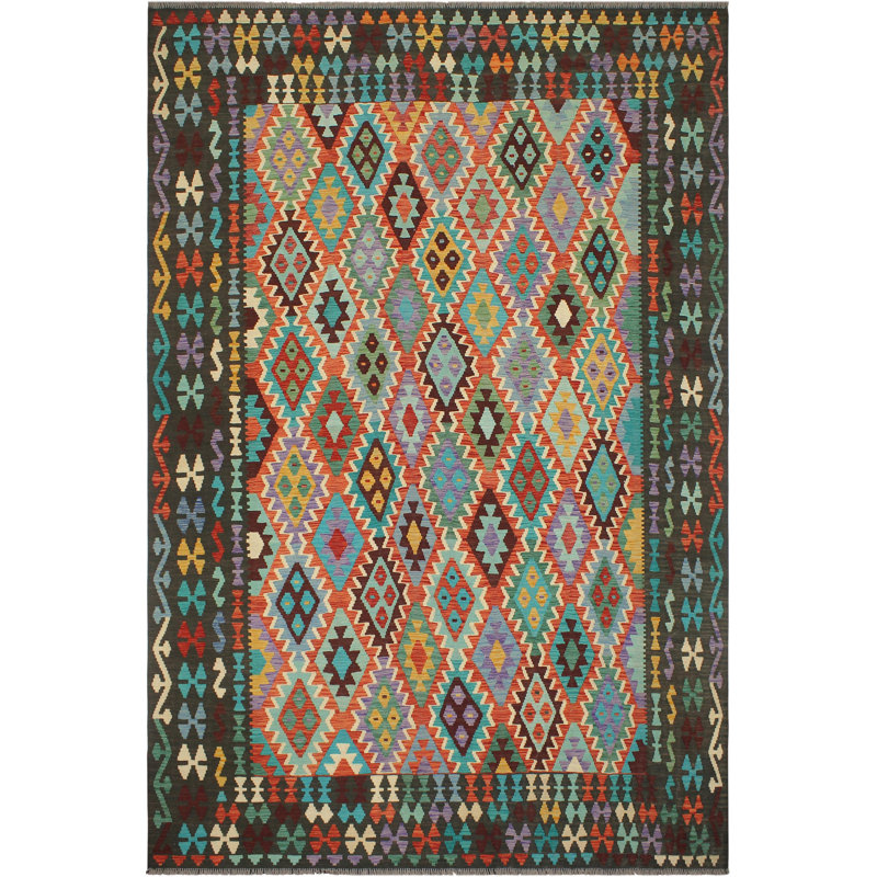 Tapis rouille / vert / beige en laine noué à la main de style sud-ouest de 8 pi 3 po x 9 pi 11 po Cedorah