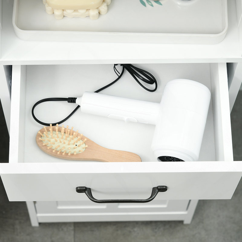 Armoire de rangement mince, armoire de salle de bain haute, tour à linge avec tablette ouverte, tiroir, portes encastrées et tablettes réglables, blanc