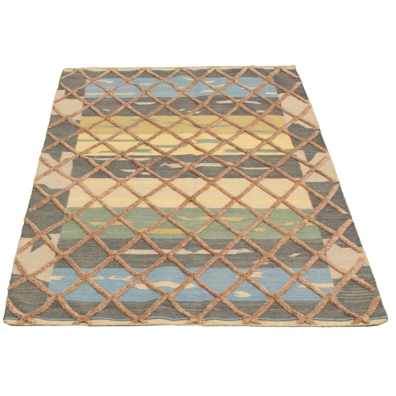 Tapis unique en laine noué à la main style Anatolian beige / gris / bleu années 2010 5 pi x 8 pi Phyllida