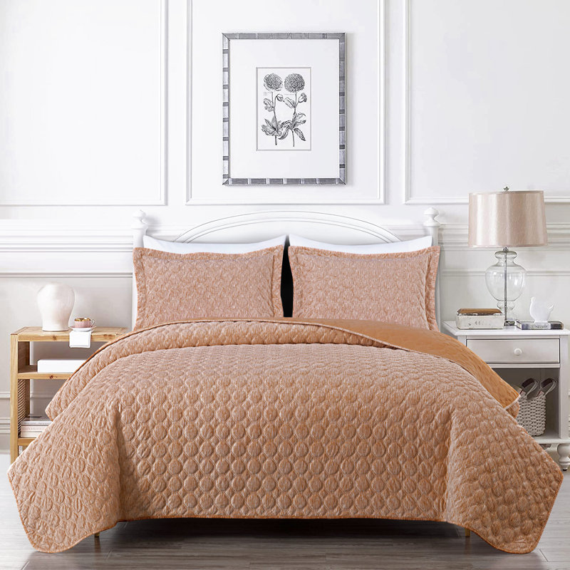 Lightweight Soft Octagon Stitched Jacquard Velvet Quilt Set , King Quilt + 2 King Shams, Orange