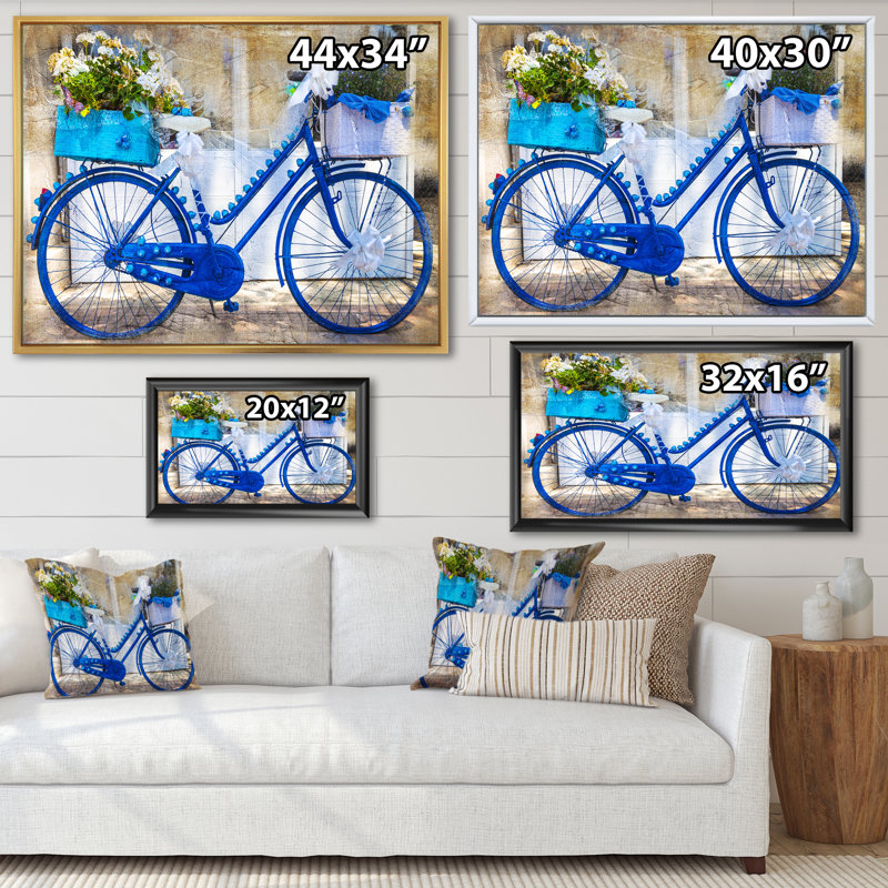 Vélo rétro bleu avec fleurs - Impression sur toile, H 16 po x l 32 po, Cadre flottant blanc
