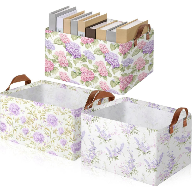 3 Pcs  Floral Storage Bin Wildflowers Collapsible  Storage Baskets For Gifts Canvas Laundry Basket Foldable Box With Handle For Office Home Bedroom Clothes