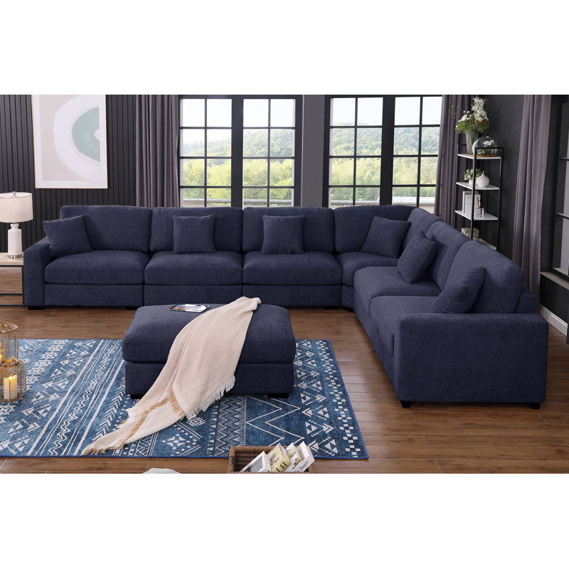 Modular Large 7 Seats Corner Sectional Sofa Comfy Cloud Couch With Movable Ottoman, Dark Blue Chenille