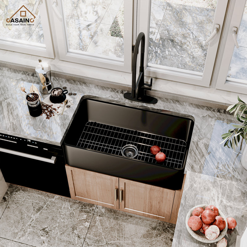33"L x 18'' W Single Bowl Fireclay Farmhouse Kitchen Sink with 2 Modes Kitchen Faucet