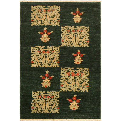 Tapis vert / rouge / beige en laine noué à la main 3 pi 1 po x 4 pi 9 po Ray Floral