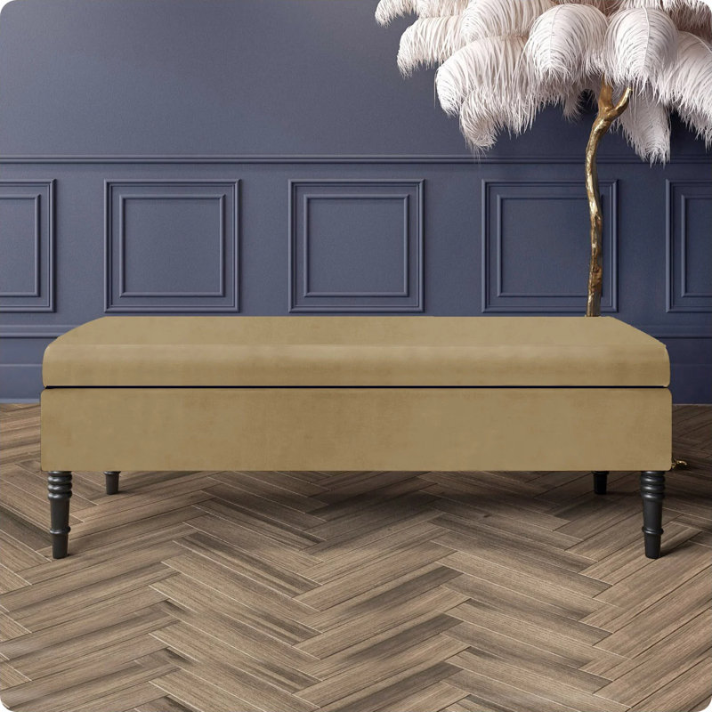 Safar Plain Upholstered Plush Velvet Ottoman Storage Bench with Black Turned Wooden Legs, Mink, 40cm H x 180cm W x 40cm D