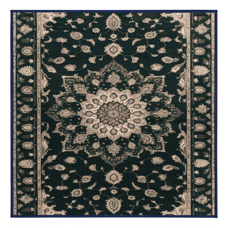 Tapis bleu Tabriz lavable à la machine, Carré 4 pi