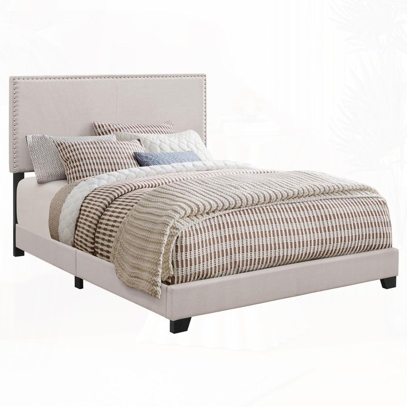 Full Size Bedroom Bed - Upholstery & Decorative Nailhead Wood Frame Modern Fashionable Trim, Full, Ivory