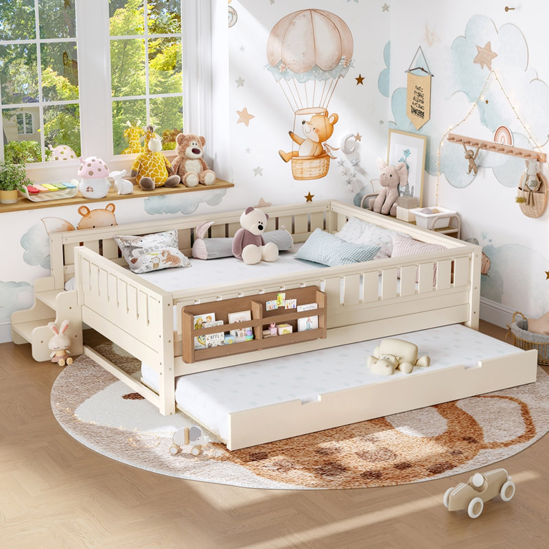 Lit en bois avec tablettes intégrées et petit escalier, rails de sécurité de haute qualité et lit gigogne, Beige, Queen