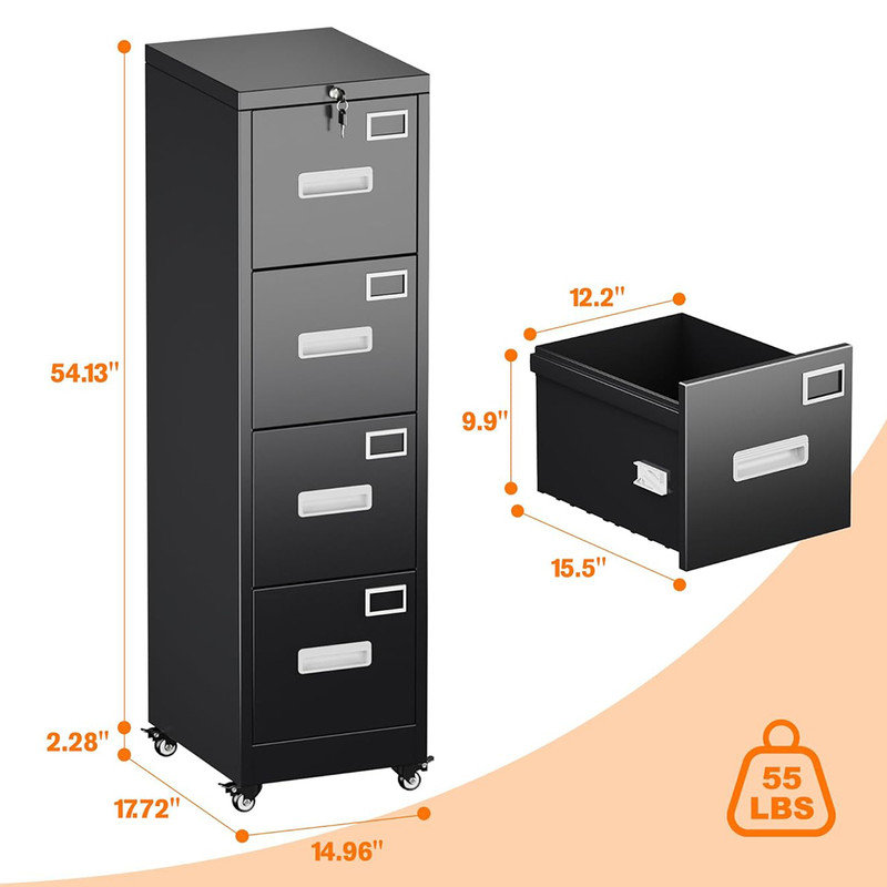 4-Drawer Rolling File Cabinet with Lock - 56" Metal Storage for Office, Black