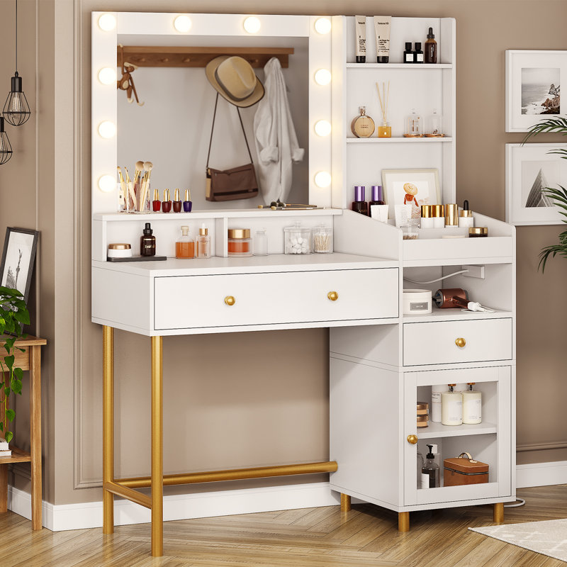 Makeup Vanity Desk with Mirror & 3 Light Colours Available, Modern Bedroom Dressing Table, White, White