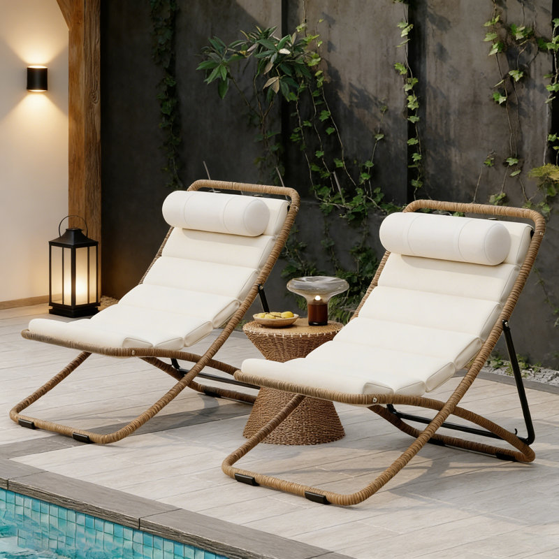 Chaise pliante d'extérieur 2 pièces, chaise de patio enveloppée de rotin avec dossier réglable, coussin épais et appui-tête amovible