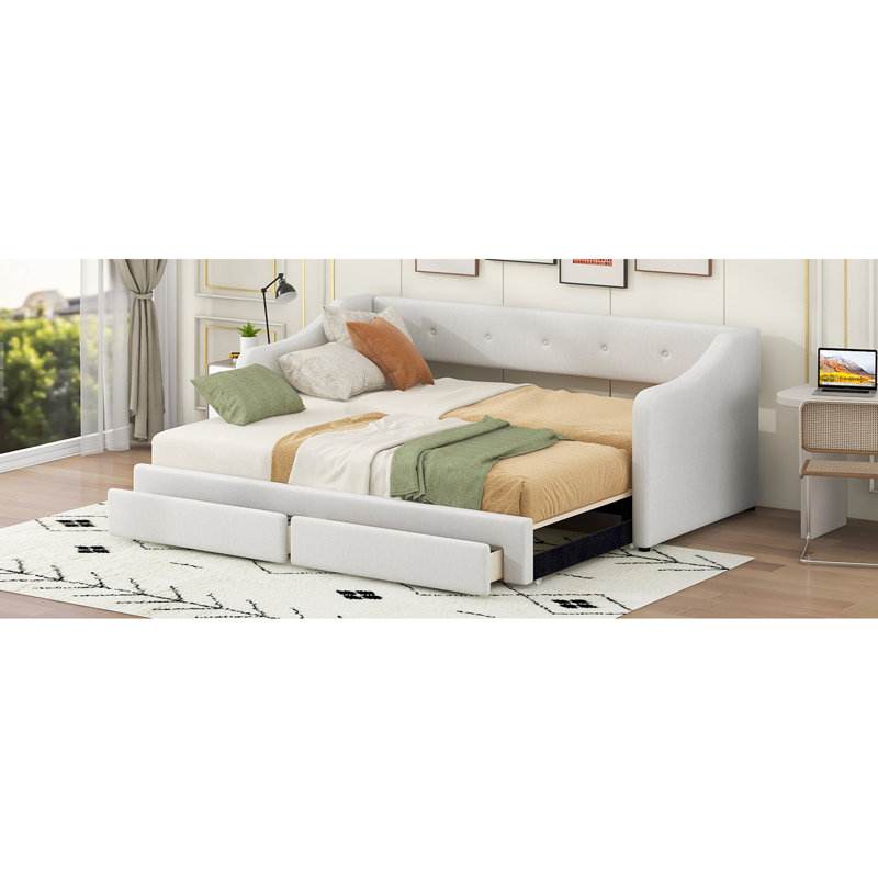 Lit simple TG, très grand, beige, lit de jour rembourré, deux tiroirs, dossier capitonné élégant, côtés très rembourrés en mousse, siège confortable avec rangement, aucun sommier requis