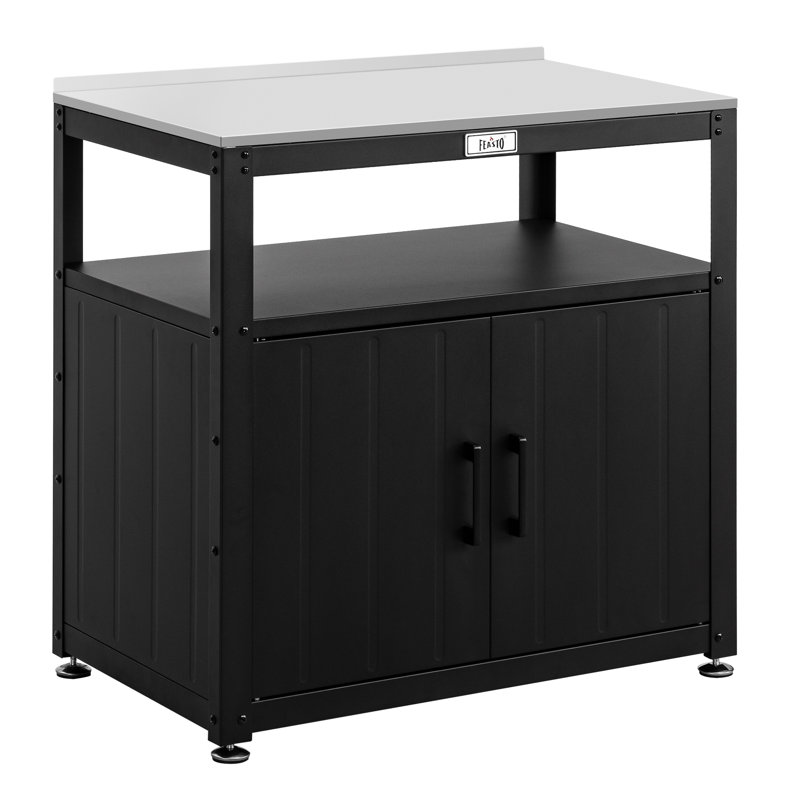  Feasto Steel Potting Bench with Stainless Steel Top, Weather-Resistant Gardening Table with Storage Cabinet and Adjustable Feet