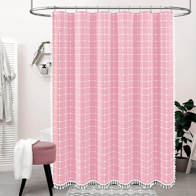 Ensemble de rideau de douche extra long avec pompons Boho Chic, H 72 po x l 72 po, Carreaux roses