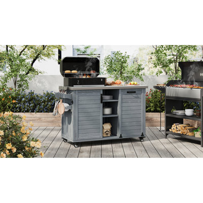 78.3" Outdoor Kitchen Island With Foldable Grill Table, Wooden Outdoor Grill Cart With Trash Can Storage & Stainless Steel Top, Outdoor Bar Cart, Pizza Oven Table For Lawn & Garden, Grey Blue, Kitchen Island