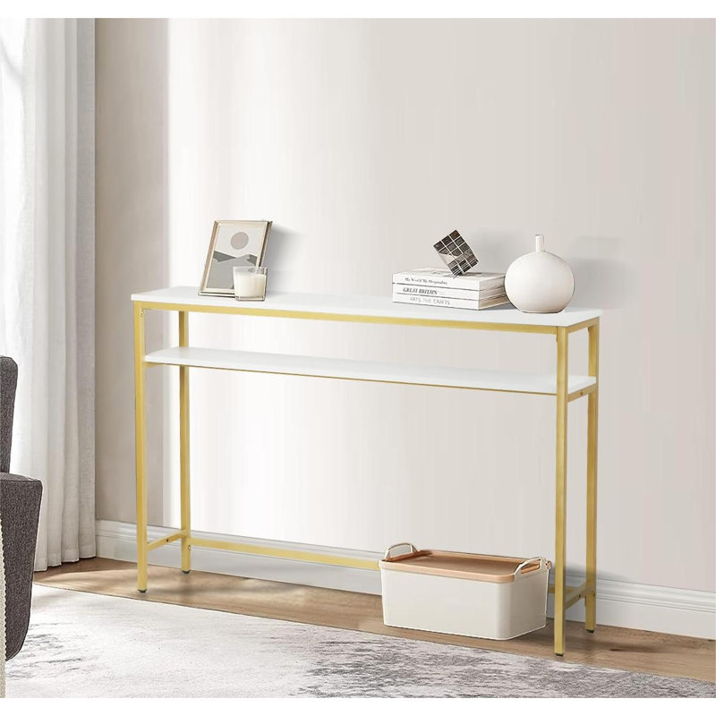 Console étroite, canapé de 47 pouces avec tablette ajustable, table longue à 2 niveaux, Blanc, Doré