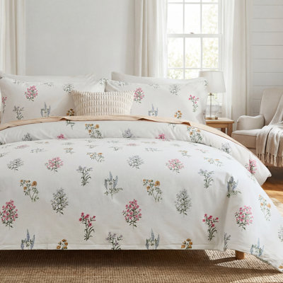 100% Washed Cotton Duvet Cover Twin Size - Linen Like Reversible Durable Soft Floral Duvet Cover Sets, 4 Pieces White Comforter Cover with Zipper Closure