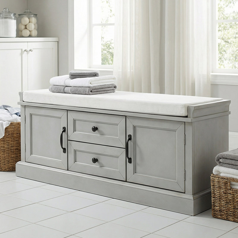 Banc de rangement pour chaussures avec rangement caché - 2 armoires, coussin amovible, poignées rétro en aluminium, Gris