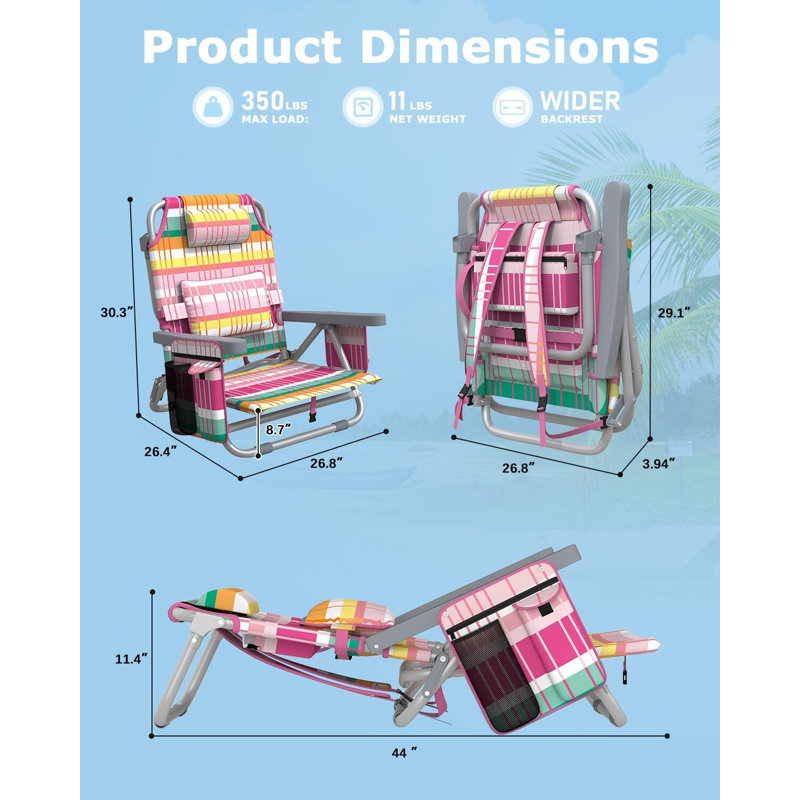 Backpack Beach Chair Reclining, Portable Folding Beach Chairs with 5 Adjustable Positions, Built-in Cooler & Backpack Straps
