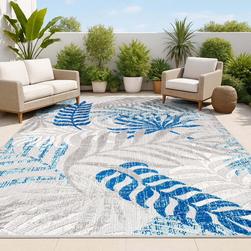 Mandalay Tropics Palm Leaves Indoor/Outdoor Rug, Rectangle 7'9" x 10', Gray/Blue