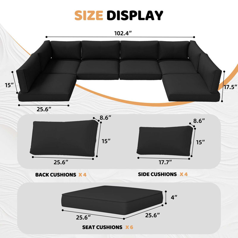 14-Pcs Outdoor 4" Thick Cushion Set, Outdoor Patio Cushion Cover Replacement, Water-Repellent Sofa Cushion, Black