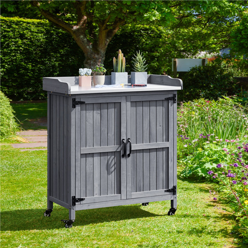40″ H Garden Potting Bench Table with Lockable Castors, Gray