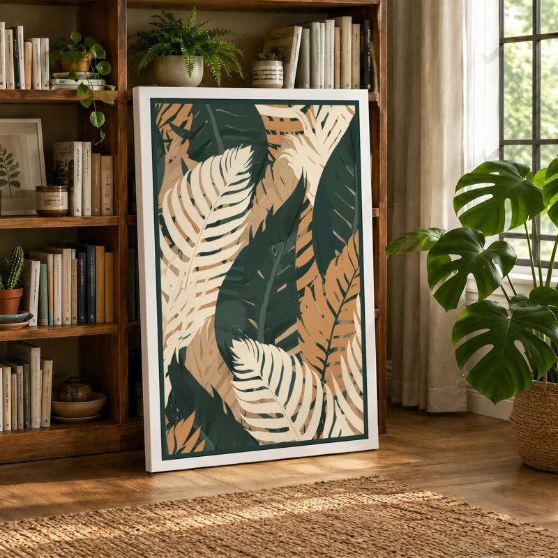Overlapping Palms and Ferns Botanical - Wrapped Canvas, 30x20 - 76.2 x 50.8 cm, Ochre Border