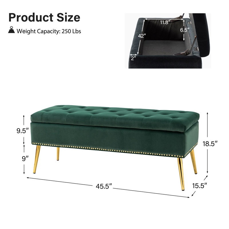 Banc de rangement rembourré en velours Kajana, Velours vert