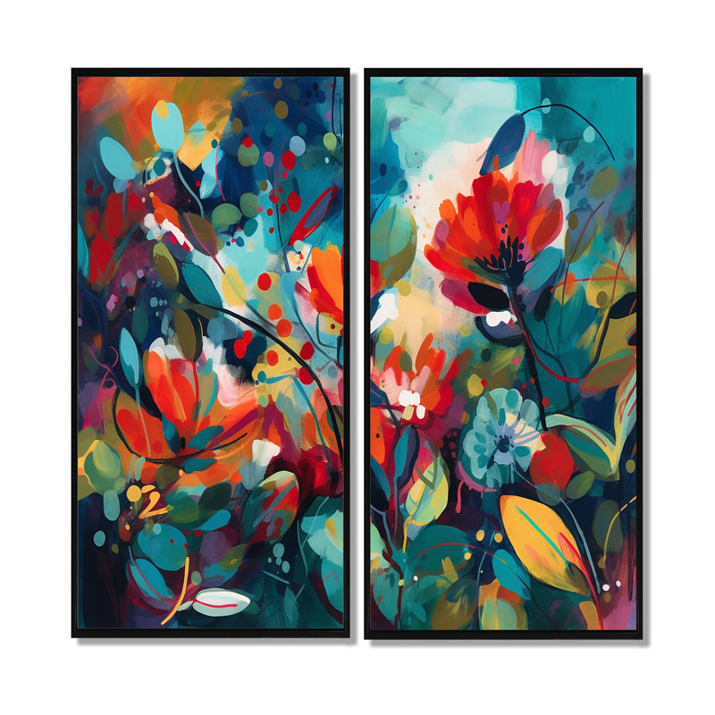 «Red Vibrant Garden Symphony I», art mural floral grand, 20" H x 24" W, Impression encadrée flottante, Black
