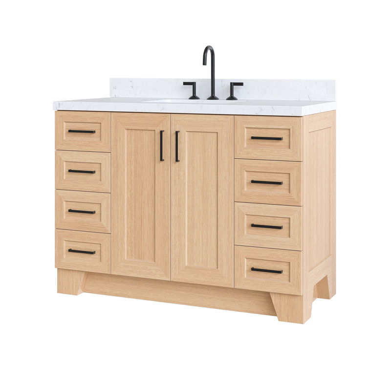 Freitas 48'' Solid Wood Single Bathroom Vanity, Rectangle, Natural Oak, Carrara Quartz