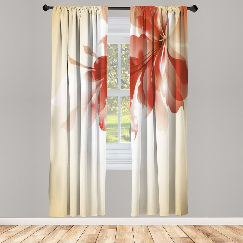 Microfiber Floral Semi-Sheer Rod Pocket Curtain Panels, 28" W x 95" L, Red/Light Orange/White