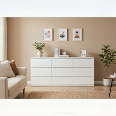Commode 9 tiroirs sans poignée, bois blanc mat moderne pour un rangement polyvalent et un décor élégant