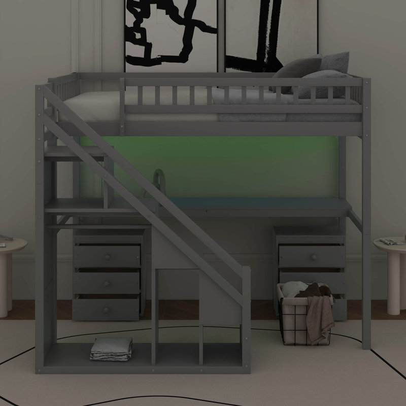 Lit mezzanine simple avec tiroirs, bureau et bande lumineuse, Gris