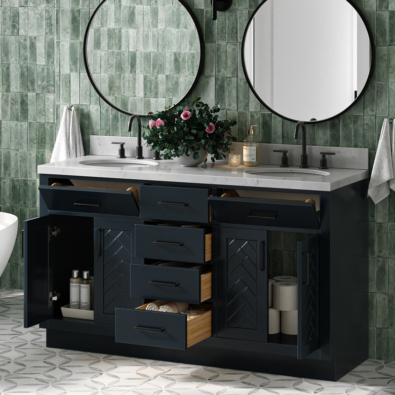 Meuble-lavabo double ovale 60 po à chevrons avec comptoir en quartz Carrara blanc 1,5 po bleu minuit, Ovale, Bleu minuit