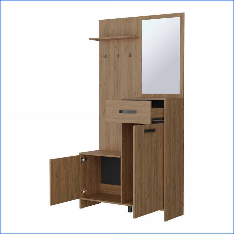 Arbre d'entrée avec miroir, 4 tablettes Tiroir - Chêne naturel | Portemanteaux | Panneau de particules