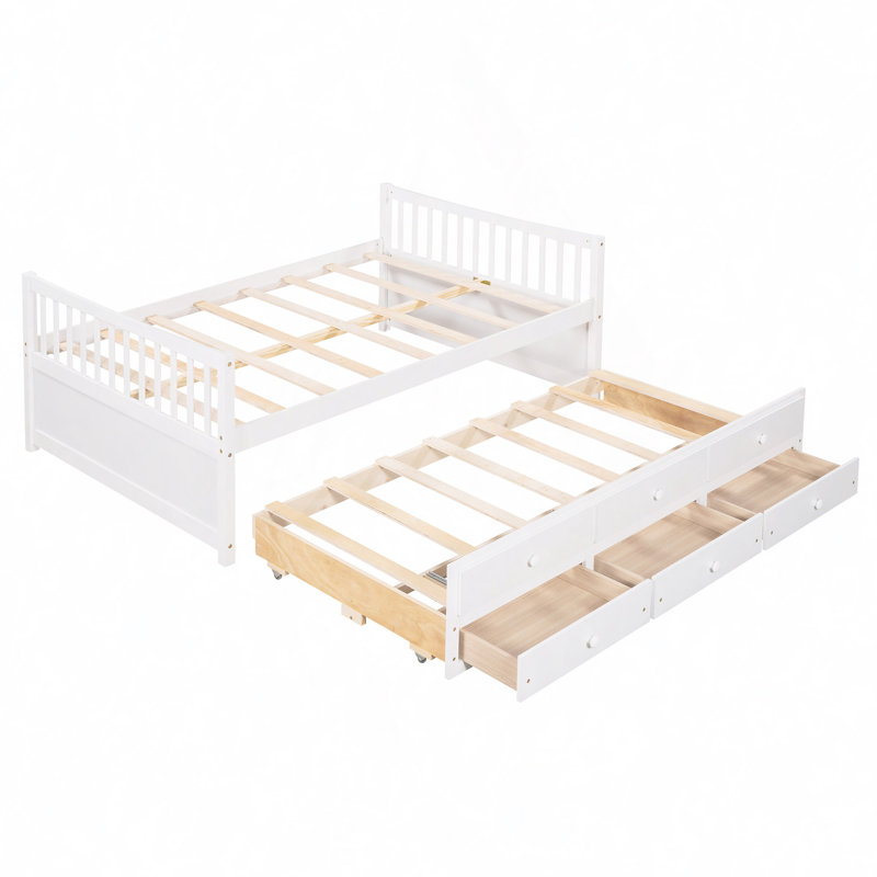 Ajavian Three Drawers Wooden Daybed with Trundle, White, Full