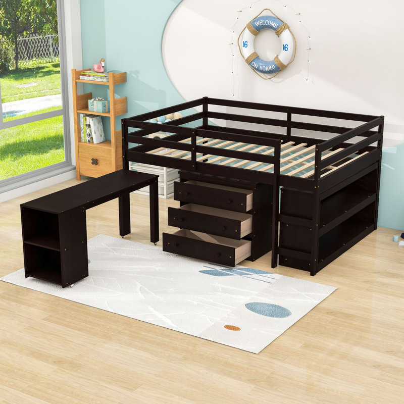 Lit mezzanine 3 tiroirs avec bureau mobile et tablettes, Double, Noir