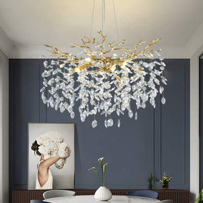 10-Light 30" Dimmable Tree Branches Crystal Linear Chandelier