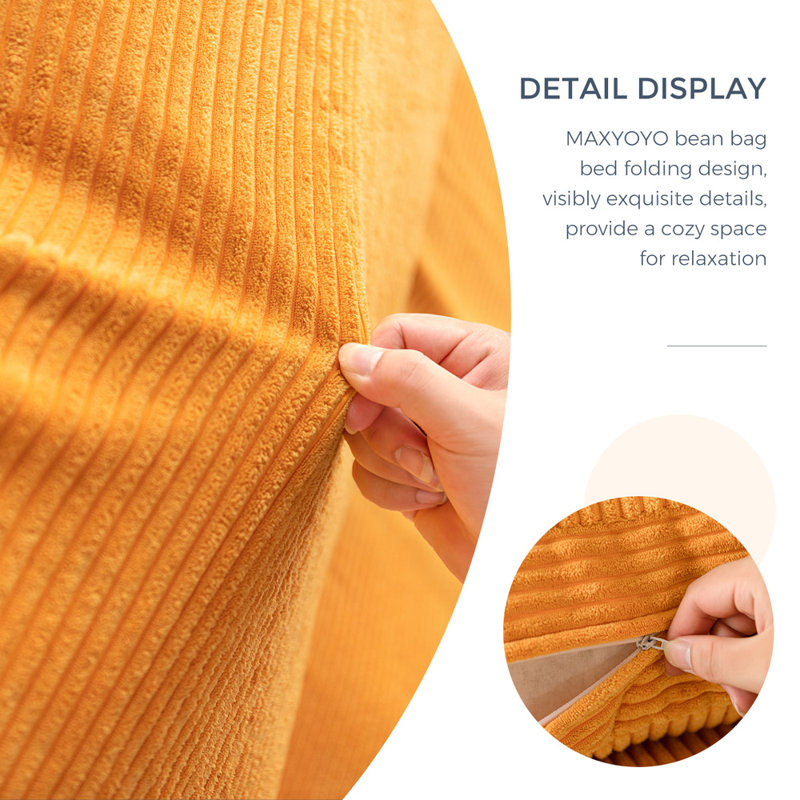 Holly-Madison Bean Bag Floor Sofa Bed, Orange Corduroy, 4.7" H x 30" W x 95" D