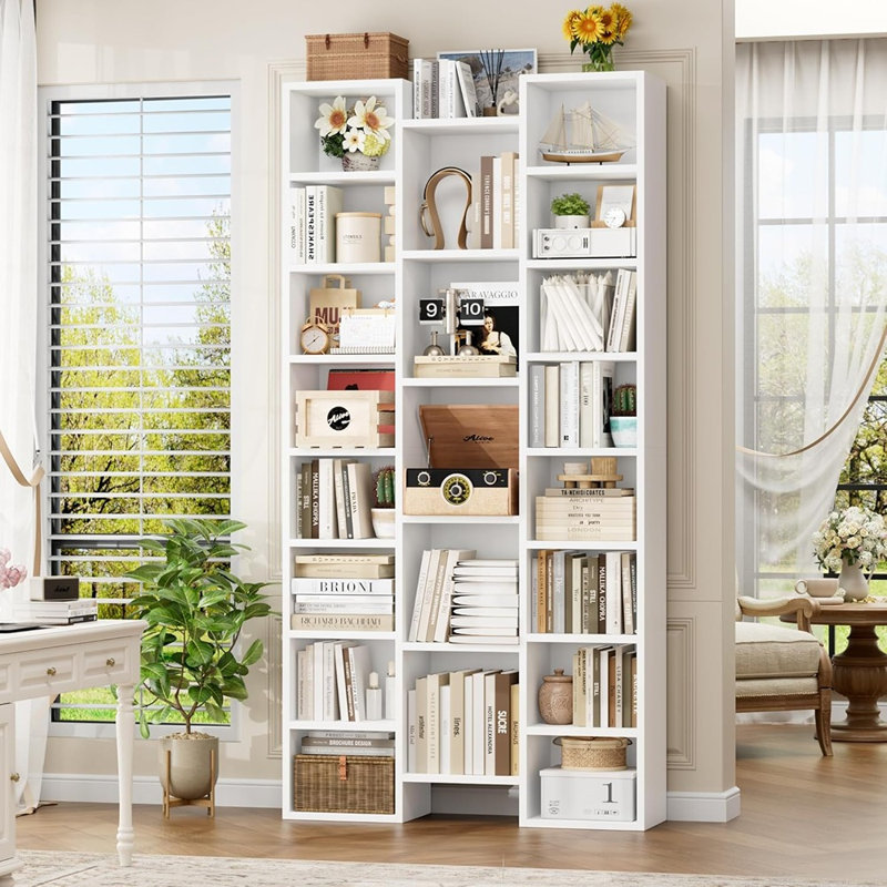Bibliothèque blanche de 1 po avec tablettes réglables à 8 niveaux, tour de rangement pour CD / DVD, armoire de présentation, bibliothèque haute pour la maison ou le bureau