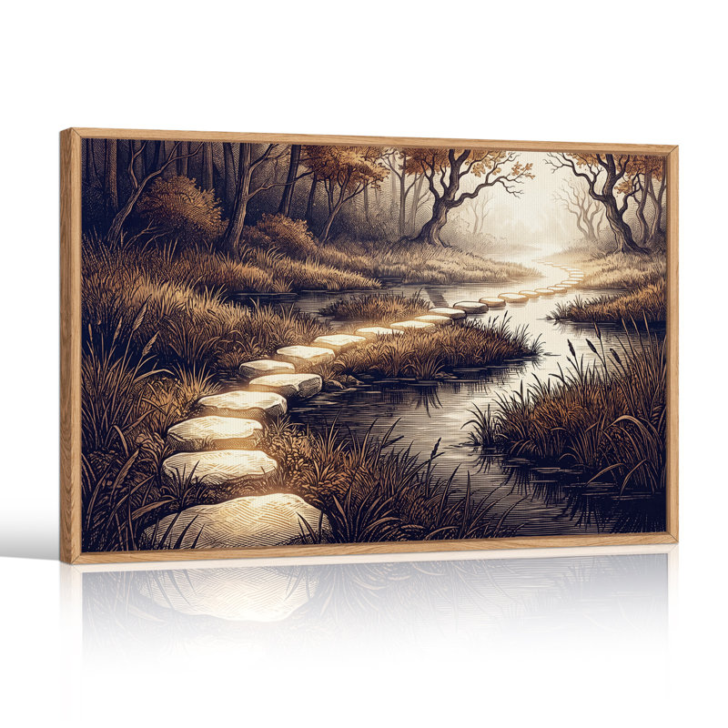 Art mural sur toile, "Stepping Stones Crossing Sepia Forest Stream", 32"H x 48"W