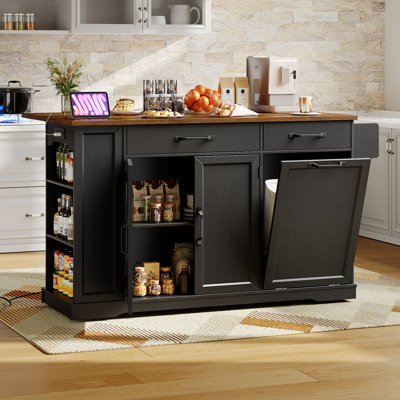 51.2" Kitchen Island With Power Outlet & Drop Leaf, Rolling Storage Cart With Trash Can Cabinet by Winston Porter
