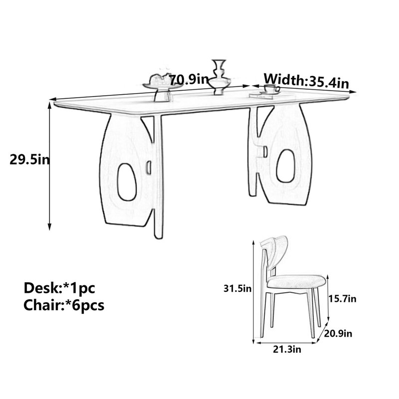 Table rectangulaire en pierre frittée French French, H 29,5 po x L 70,9 po x l 35,4 po, 7 pièces : table, 6 chaises