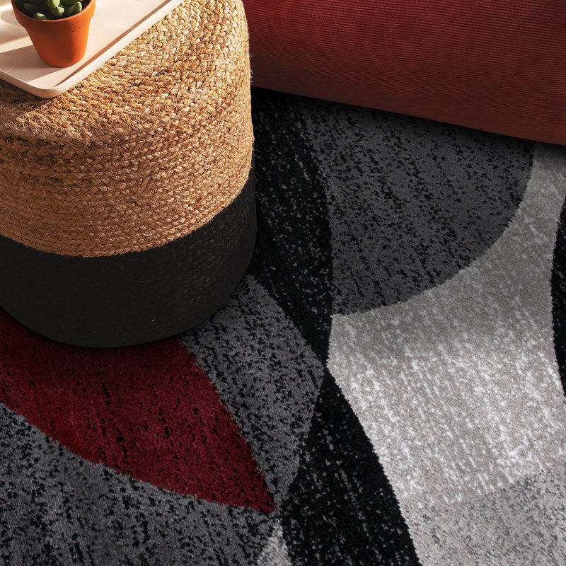 Archeveque Woven Abstract Burgundy/White/Black Area Rug – Modern Geometric Circles Polypropylene Carpet for Living Room, Bedroom, or Hallway