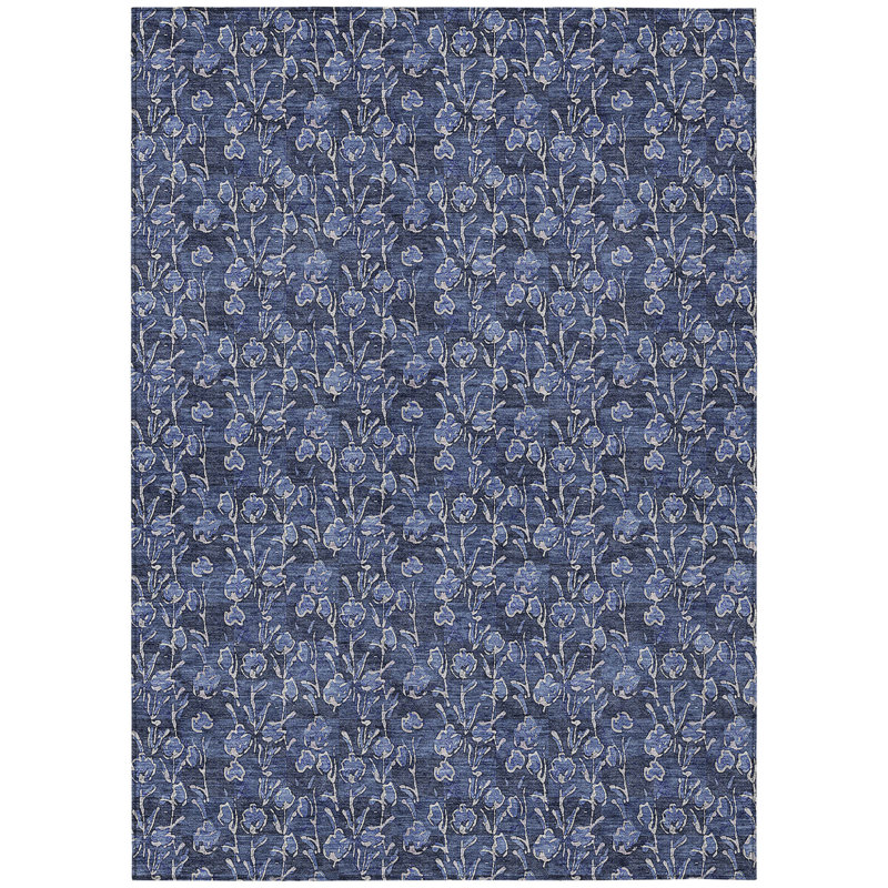 HomeRoots 8' X 10' Navy Blue Denim Blue And Ivory Floral Washable Indoor Outdoor Area Rug
