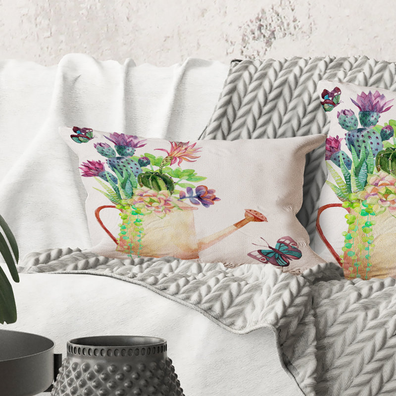 Rectangle, plantes grasses dans un ancien arrosoir - Coussin Farmhouse
